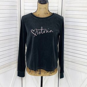 Victoria’s Secret Velour Embroidered Open Split Back Shirt Black Small